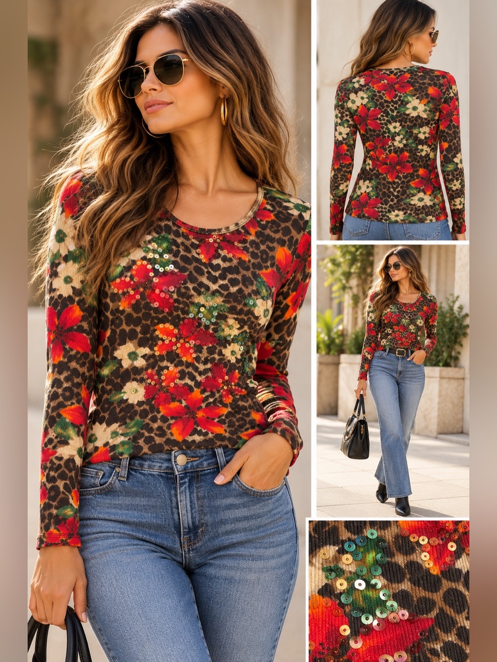 Tantrums Floral Leopard Sequin Long Sleeve Top Y2K Maximalist PM